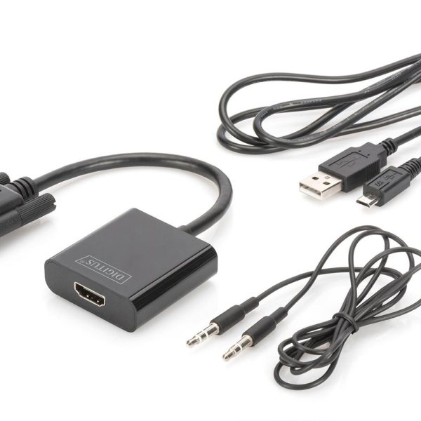 Digitus DA-70473 VGA  -  HDMI Çevirici + Ses (3.5mm), Full HD (1080p), Kablolu, 15 cm, Siyah Renk