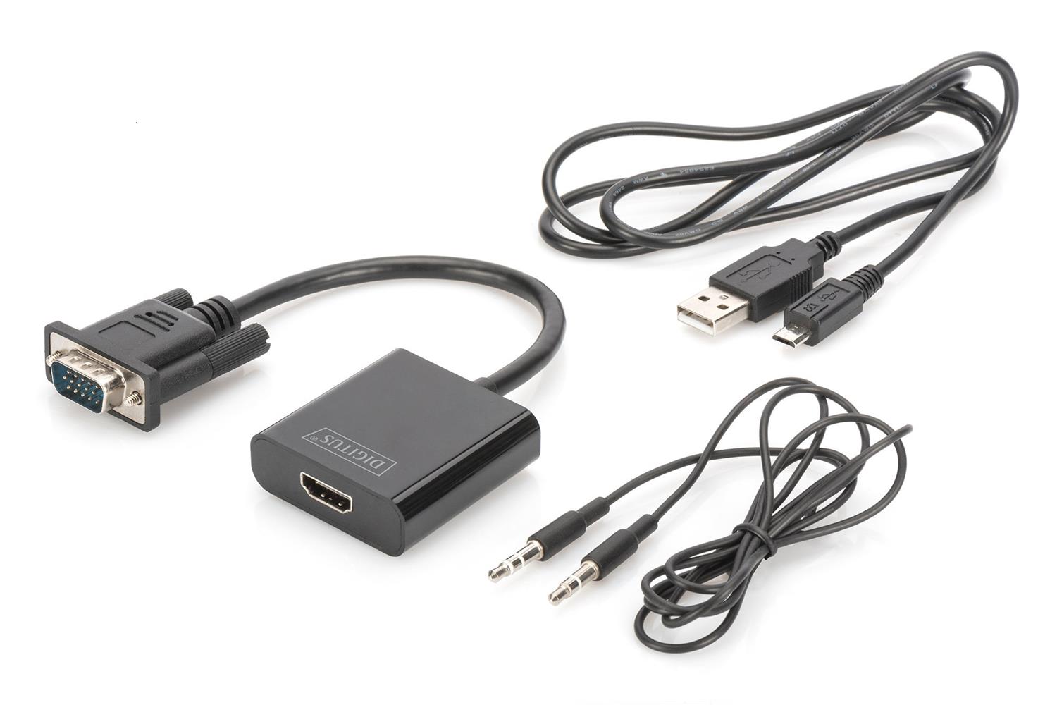 105178 Digitus DA-70473 VGA - HDMI Çevirici + Ses (3.5mm), Full HD (1080p), Kablolu, 15 cm, Siyah Renk - Görsel 1
