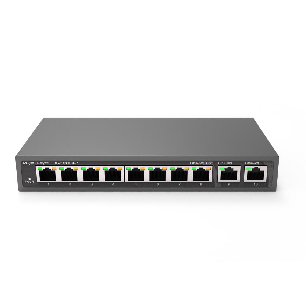106575 Ruijie-Reyee RG-ES110D-P 8 Port Poe+ 10-100 Mbps 2 Port 10-100-1000 Mbps Uplink Switch Çelik Kasa - Görsel 1