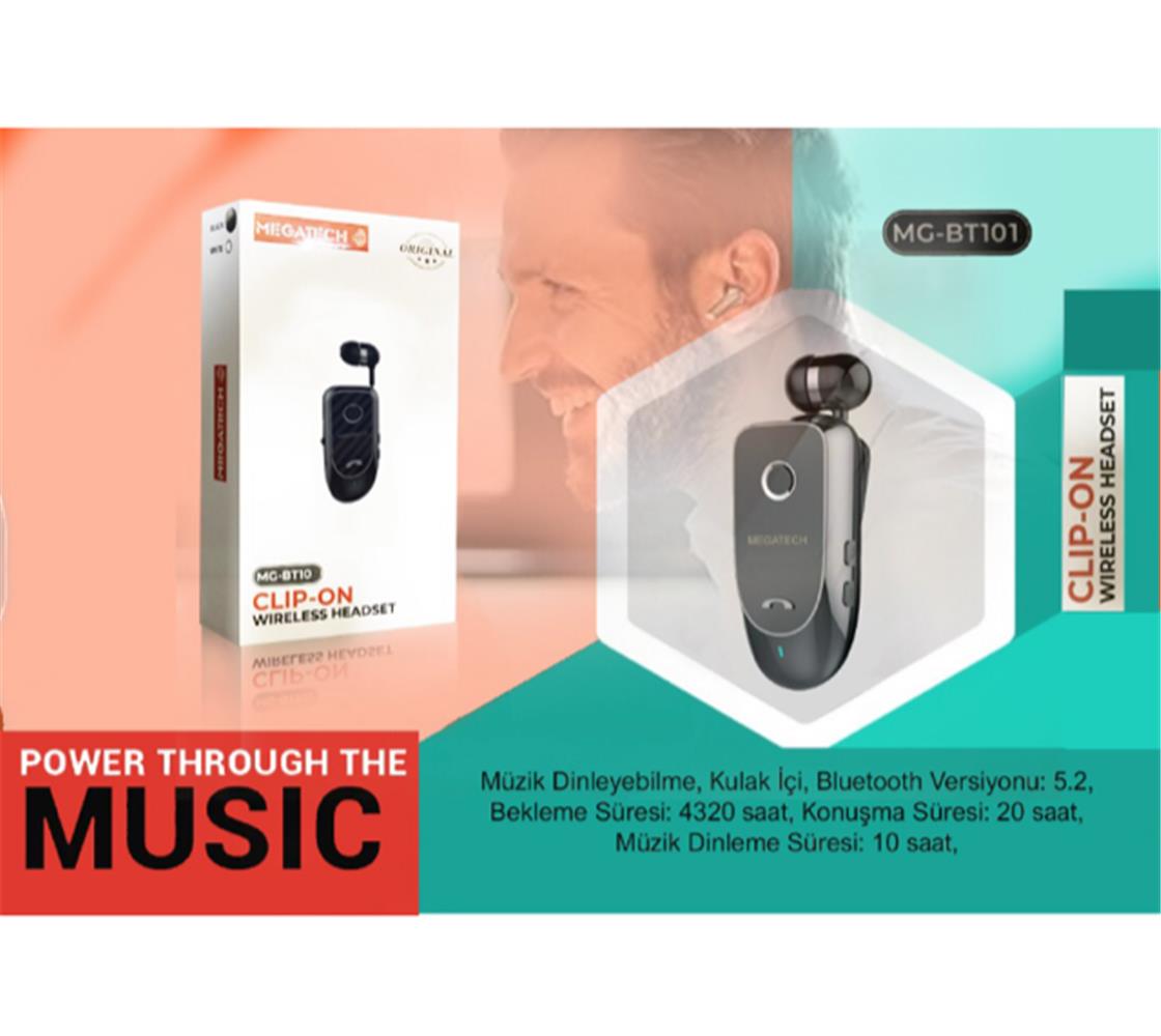 106690 Megatech Mg-Bt103 Clıp-On Makaralı Bluetooth Kablosuz Kulaklık - Görsel 1