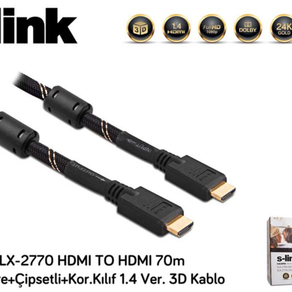 S-link SLX-2770 HDMI TO HDMI 70m Çift Filtre+Çipsetli+Kor.Kılıf 1.4 Ver. 3D Kablo