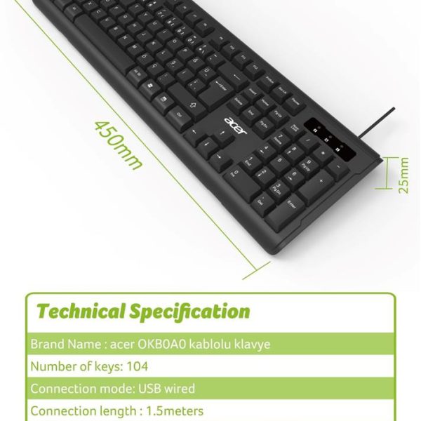 Acer OAK-0A0  Siyah Kablolu Sessiz Tuşlu  Klavye (Caps Lock) (Kablo Uzunluğu 1.50Cm) Caps Lock