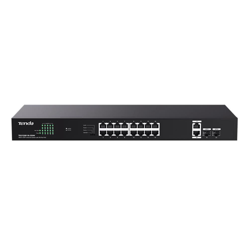 112676 Tenda TEG1120P-16-250W 16 Port Poe+ 10-100-1000 2 Port Uplink + 2 Port SFP Switch Çelik Kasa - Görsel 1