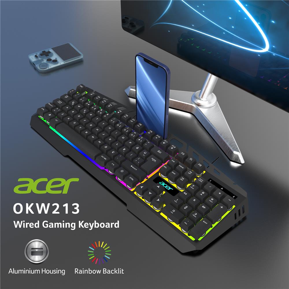 114955 Acer OKW213 Siyah RGB Rainbow Backlit Gaming Keyboard Rainbow (Kablo Uzunluğu 1,5mt) - Görsel 1