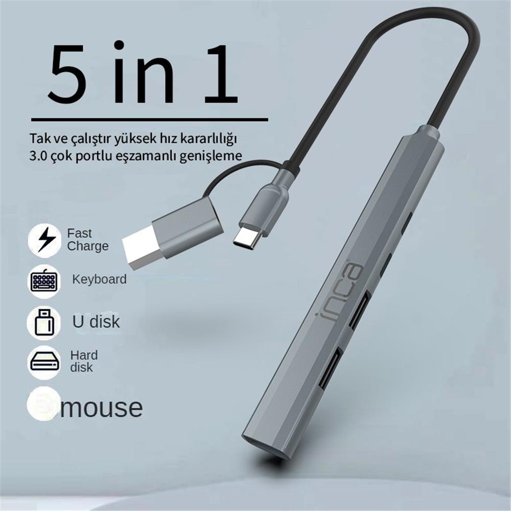116481 Inca IUTP-06TX 5in1 USB 3.0 + 2xUSB 2.0+Type-C+PD 100W USB+Type-C Çoklayıcı 3.0 ile 5 Gbps - Görsel 1