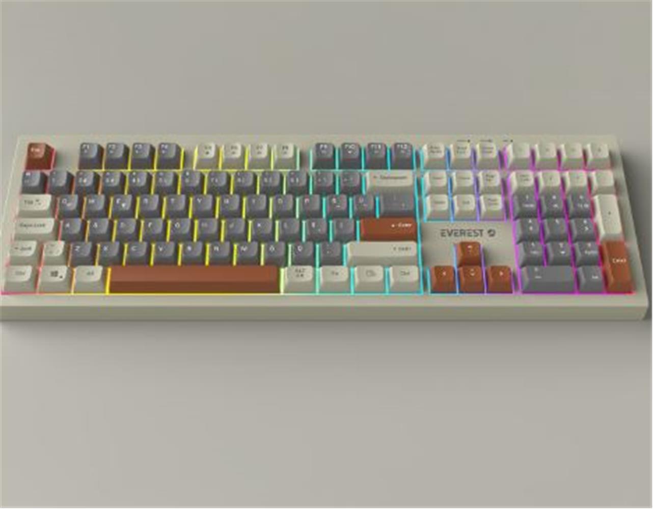 117780 Everest KM-77 Runa Gri-Krem-Kahve Usb Rainbow Aydınlatmalı Sessiz Q Klavye + Mouse Set - Görsel 1