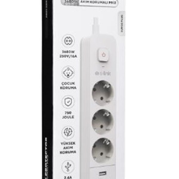 S-link SPG03TC 5V2.4A 1.5m 3x1.00mm 100 yüzde  Bakır 750 Joule 3 lü Anahtarlı Akım Korumalı Beyaz Priz