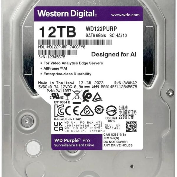 Wd 12Tb Purple Pro WD122PURP 7200 RPM 512MB Cache SATA 6.0Gb-s 3.5" Harddisk (Boğaziçi Garantili)