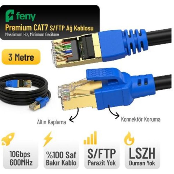 Feny FN-CAT7LS03 10GBPS İnternet 600MHZ 3 Metre CAT7 Gold Patch Kablo (Yanmaz- yüzde 100 Saf Bakır)