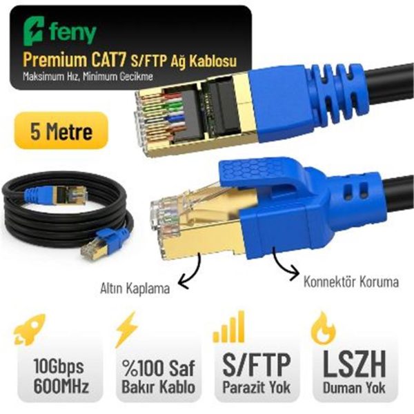 Feny FN-CAT7LS05 10GBPS İnternet 600MHZ 5 Metre CAT7 Gold Patch Kablo (Yanmaz- yüzde 100 Saf Bakır)