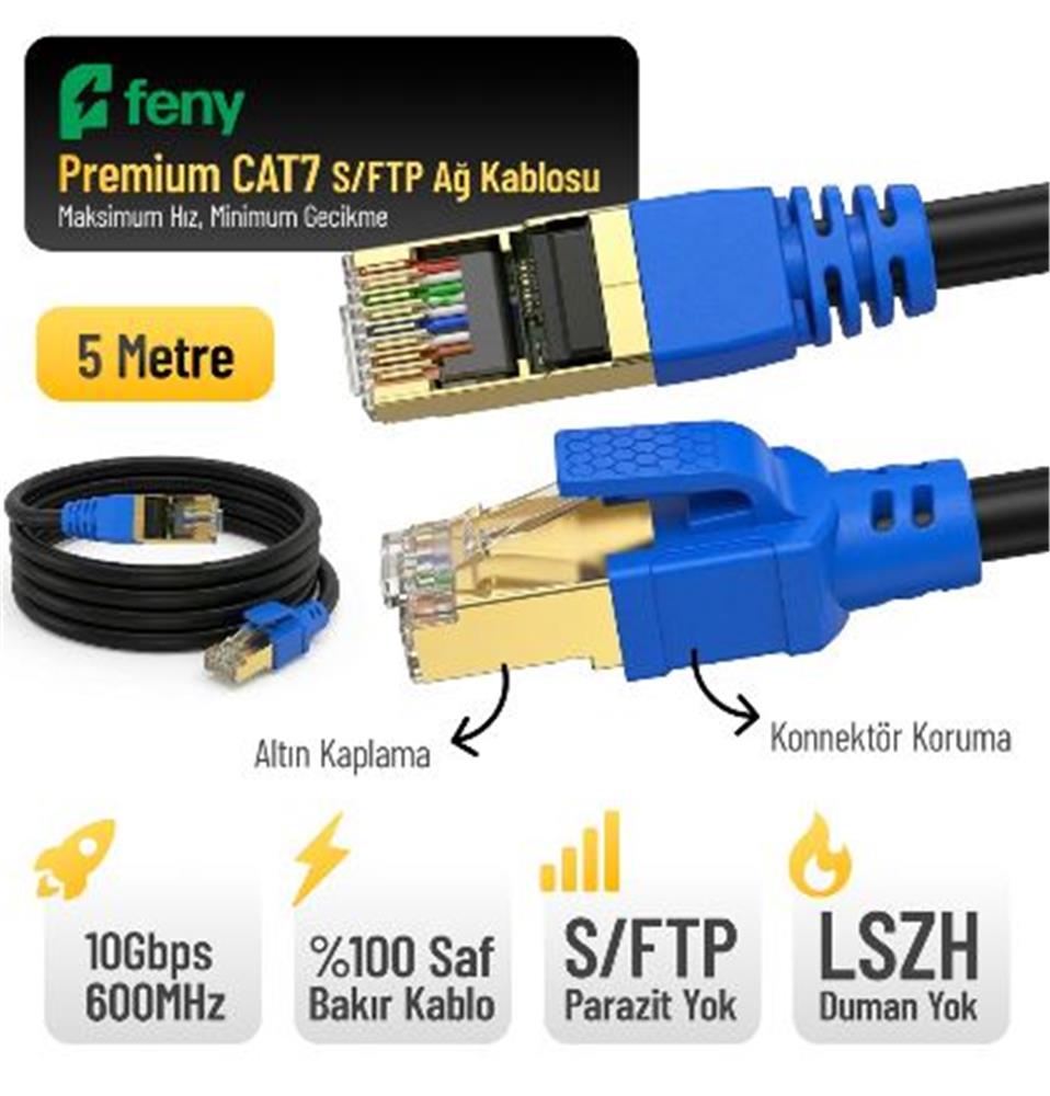 119936 Feny FN-CAT7LS05 10GBPS İnternet 600MHZ 5 Metre CAT7 Gold Patch Kablo (Yanmaz- yüzde 100 Saf Bakır) - Görsel 1