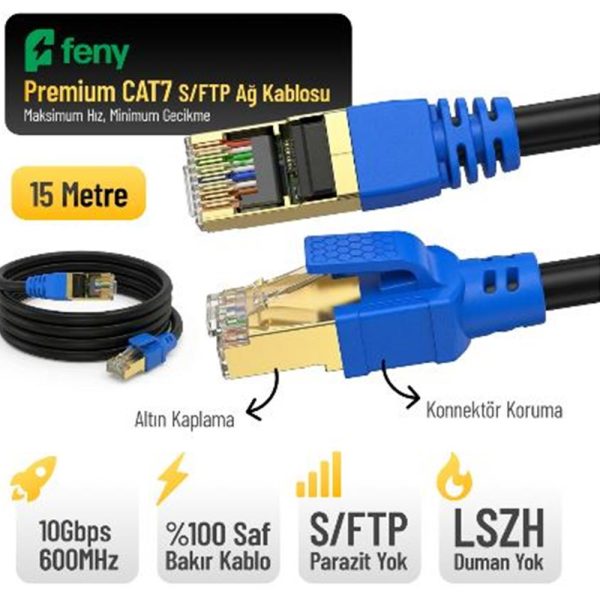 Feny FN-CAT7LS15 10GBPS İnternet 600MHZ 15 Metre CAT7 Gold Patch Kablo (Yanmaz- yüzde 100 Saf Bakır)