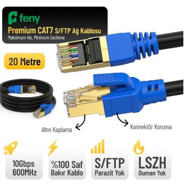 Feny FN-CAT7LS20 10GBPS İnternet 600MHZ 20 Metre CAT7 Gold Patch Kablo (Yanmaz- yüzde 100 Saf Bakır)