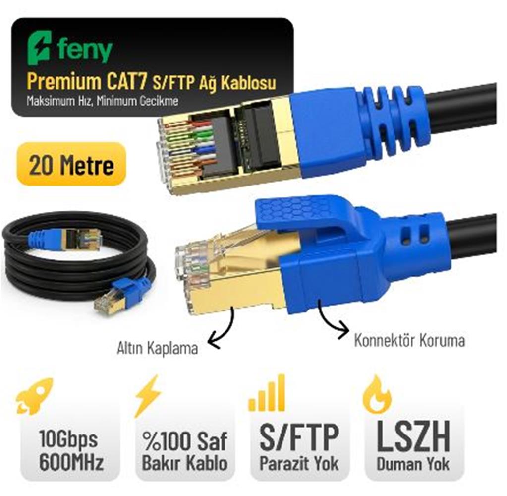 119939 Feny FN-CAT7LS20 10GBPS İnternet 600MHZ 20 Metre CAT7 Gold Patch Kablo (Yanmaz- yüzde 100 Saf Bakır) - Görsel 1