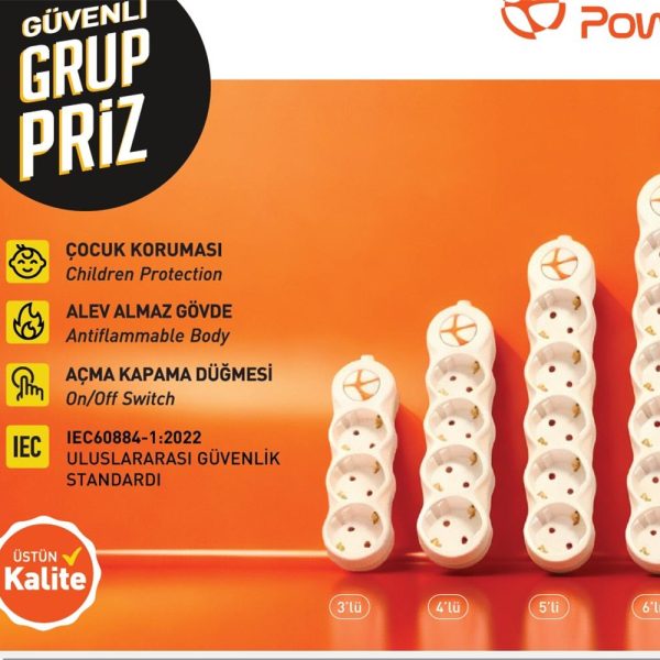 TUNCMATIK POWERSTRIP5 5 li 5m IEC 66884-1:2022 Standartı, FR(Alev Almaz)anahtarlı grup priz