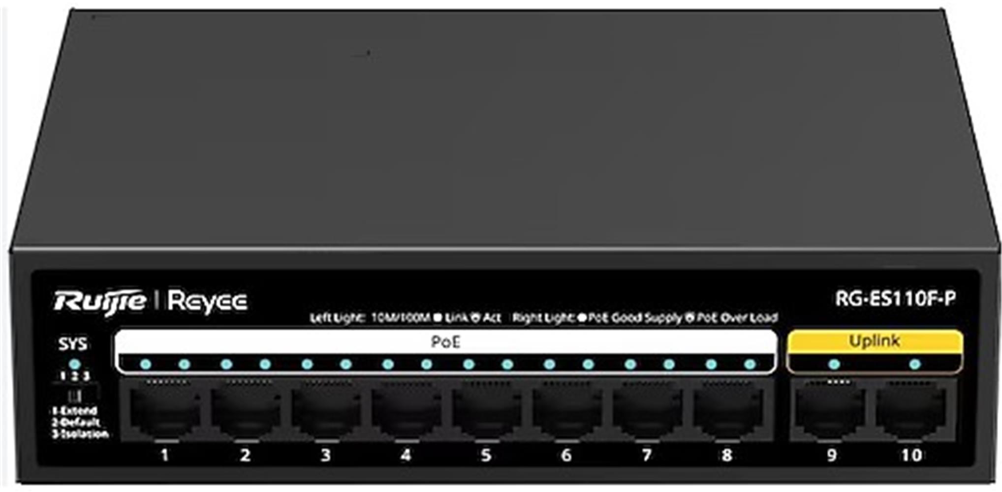 121182 Ruijie-Reyee RG-ES110F-P 10 Port 10-100 Mbps 8 Port 10-100 PE 110W Switch - Görsel 1