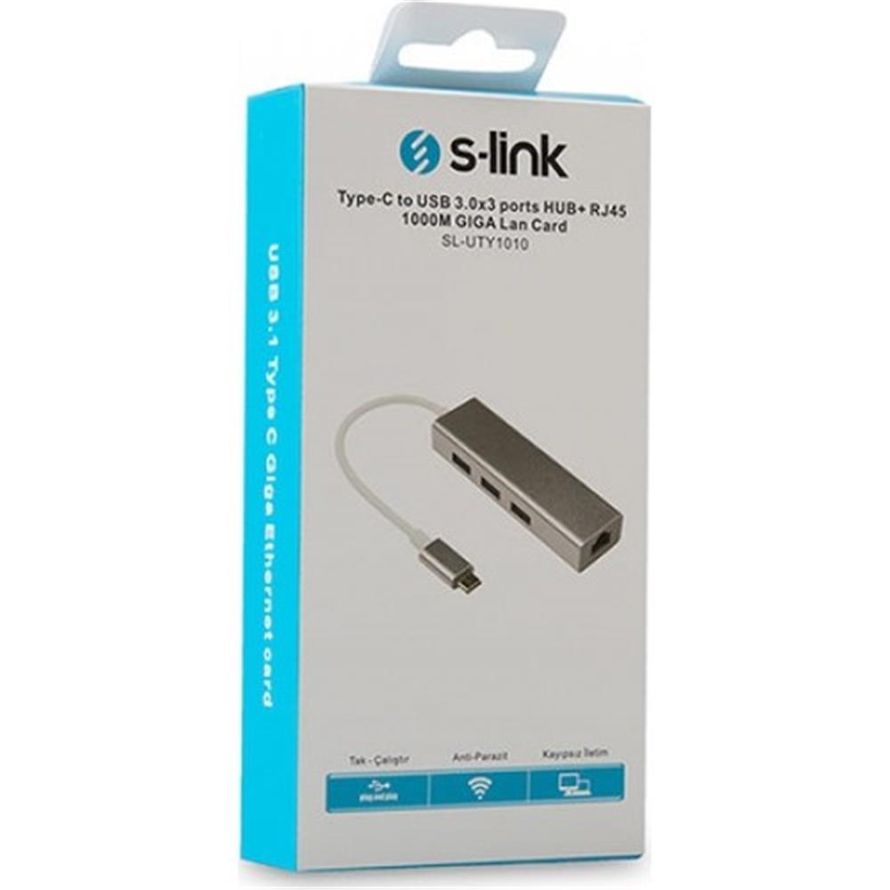 74304 S-link SL-UTY1010 Tpye-c To Usb 3.0 - 3 Ports + rj Gıgabıt Ethernet Hub - Görsel 1